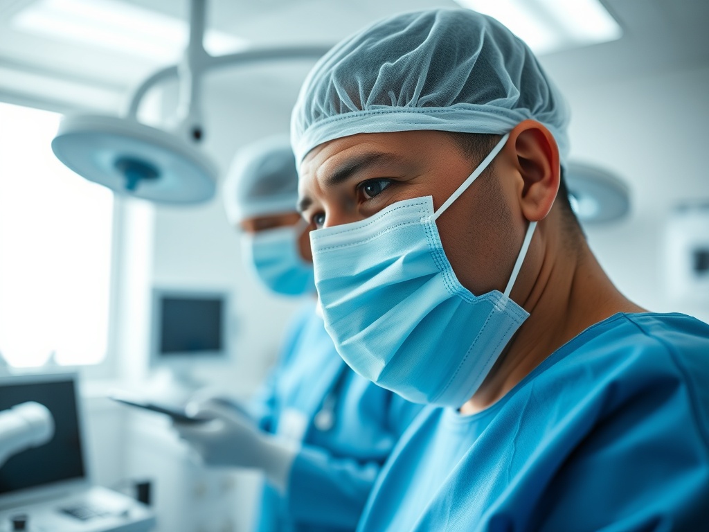 Médico interagindo com interface holográfica futurista, representando a medicina do futuro com tecnologia e IA.