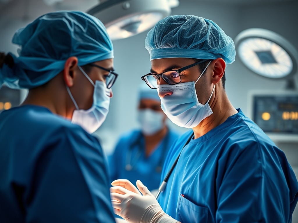 Profissionais de saúde interagindo com tecnologia futurista, simbolizando o futuro da medicina