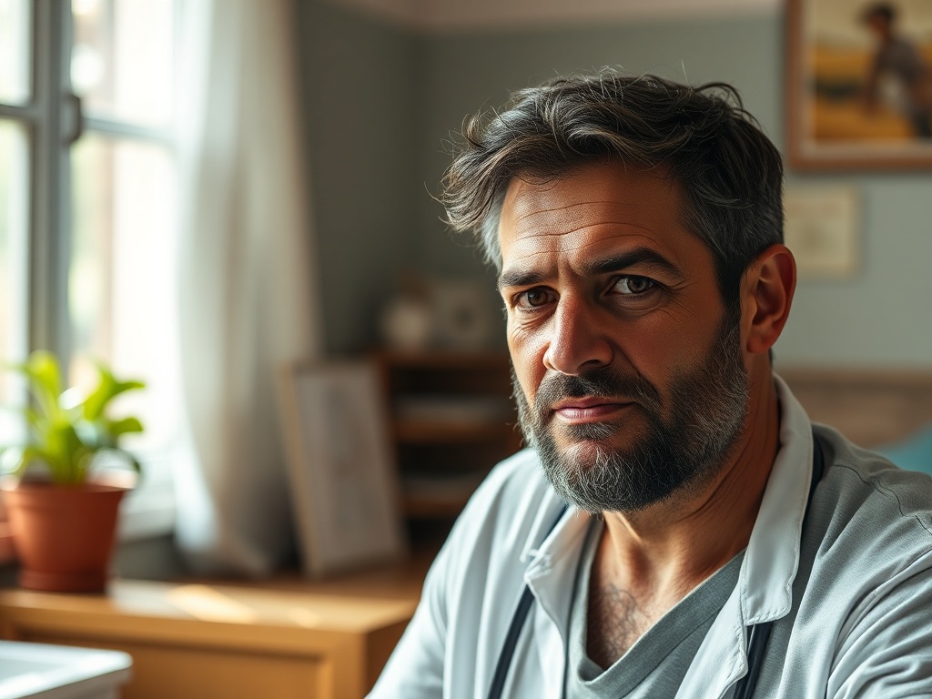 Homem relutante em ir ao médico, com expressão de preocupação